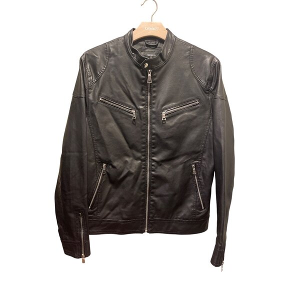 Mens Black Faux Leather Moto Jacket Zipper Pockets By Forever 21 Size Medium - Picture 1 of 11